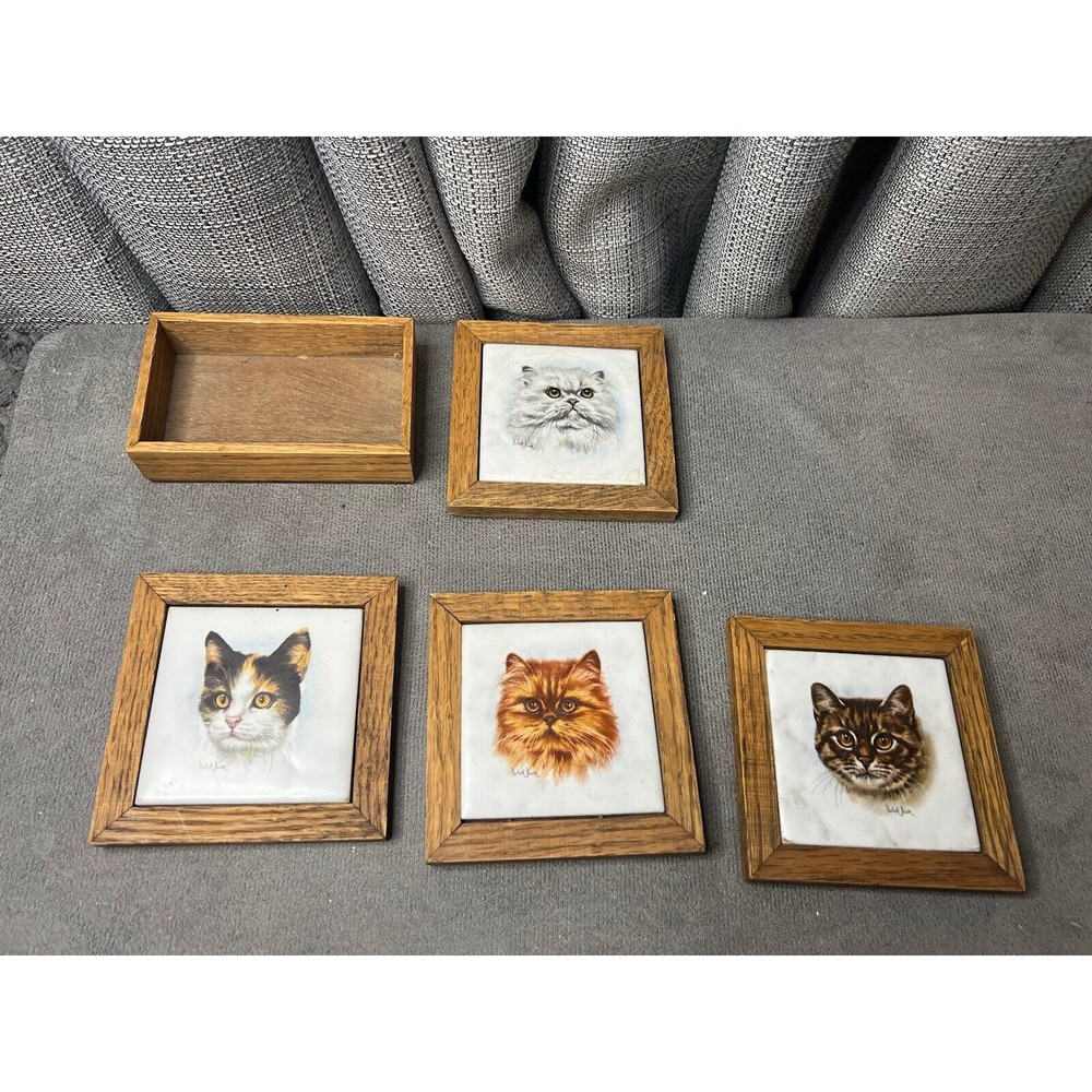 Cat Ceramic Wood Framed Tile Derick Bown Artist Signed Coasters Lot Of 4